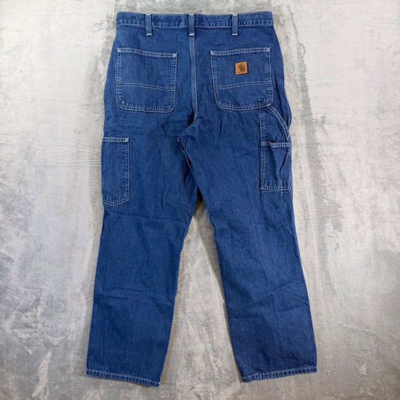 Carhartt Dungaree Fit Carpenter Jeans Mens Size 34x30 Blue Med Wash Work Denim - Picture 2 of 7